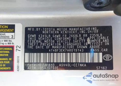 2010 Toyota Camry Le из США, поврежденный, VIN 4T4BF3EK7AR019143